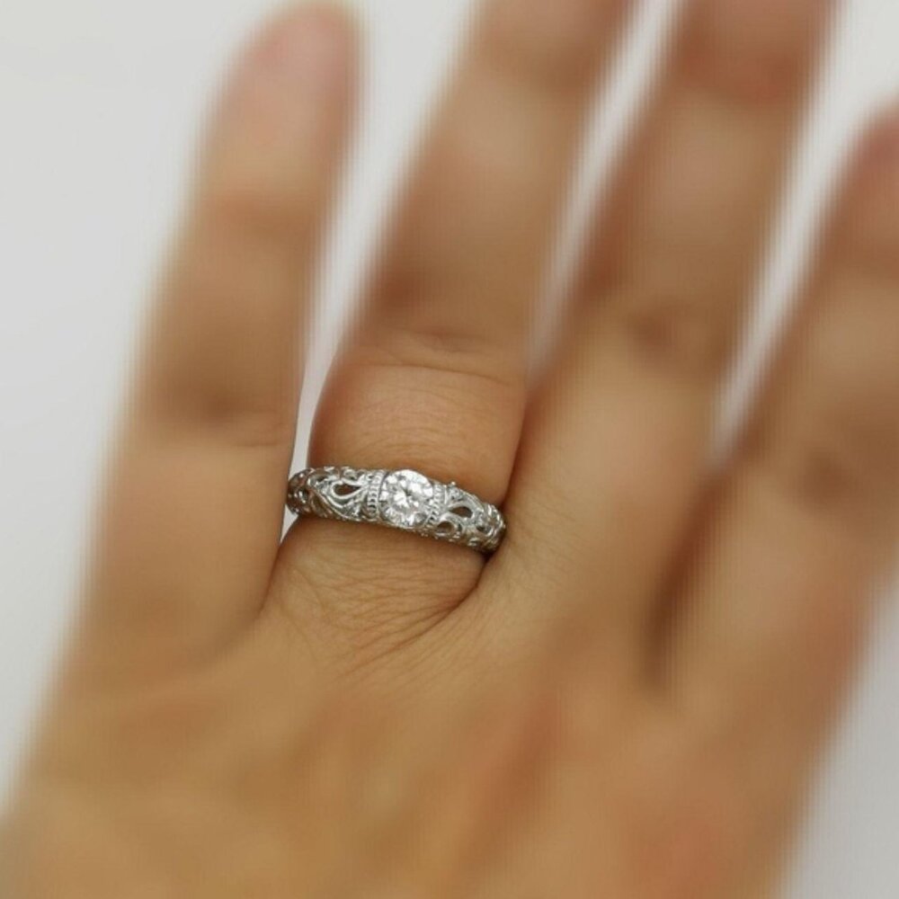 14k White Gold Vermeil Floral Filigree Dome Ring Vintage inspired Design - Picture 2 of 6